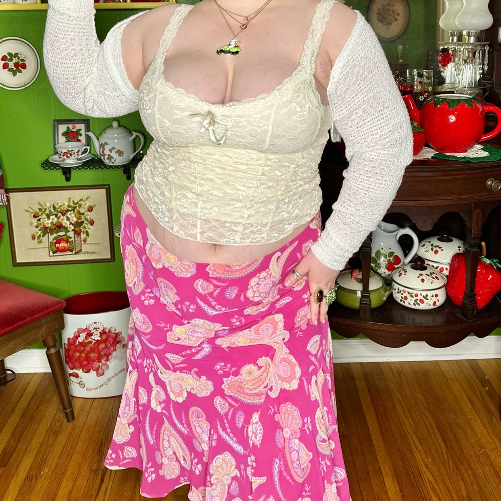 y2k fairycore boho pink, purple & orange paisley floral print midi skirt - Picture 2 of 6